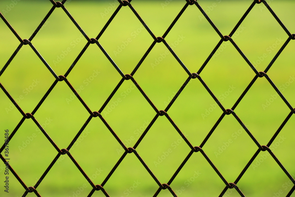 Closeup detail of chain link fence with green grass background Closeup detail of chain link fence with green grass background