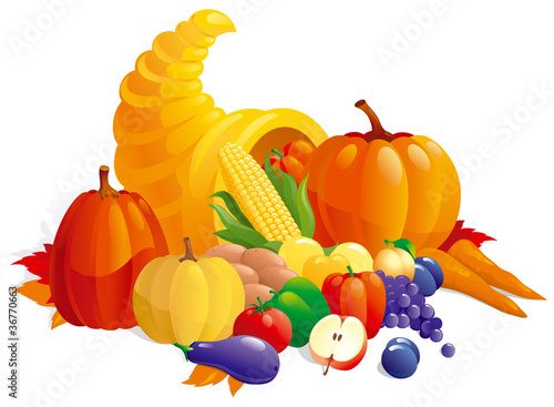 Thanksgiving Cornucopia with fruit, berries  and vegetable.