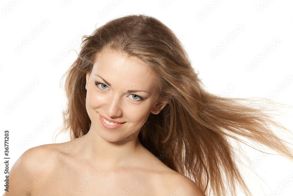 Closeup portrait of smiling beautiful blond female Closeup portrait of smiling beautiful blond female