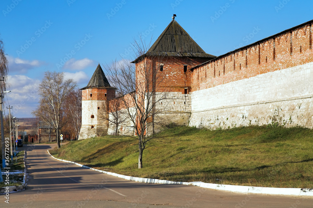 The walls and towers of the Zaraysk Kremlin, Russia