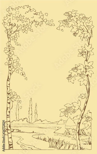 Vector frame from leaning trees in a landscape with a stream