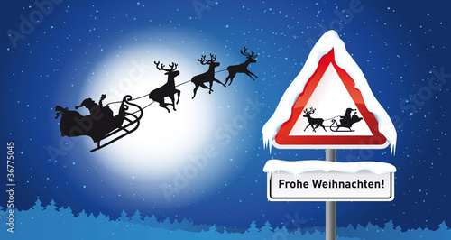 Fliegender Santa Claus mit Rentieren als Schattenriss und Schild