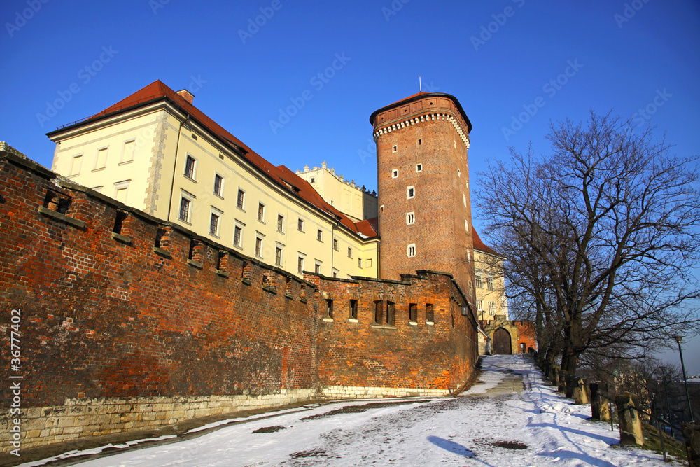 The tower of old Royal Wawel Castle in Krakow, Poland