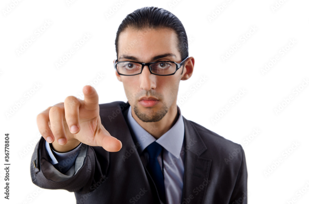 Businessman pressing virtual buttons Businessman pressing virtual buttons