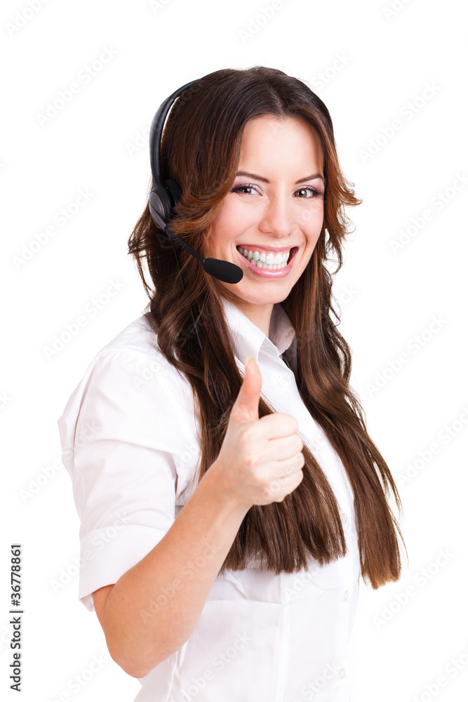 junge Frau mit Headset und Daumen Hoch Geste junge Frau mit Headset und Daumen Hoch Geste