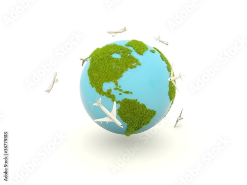 Concept of transportation. Earth with planes