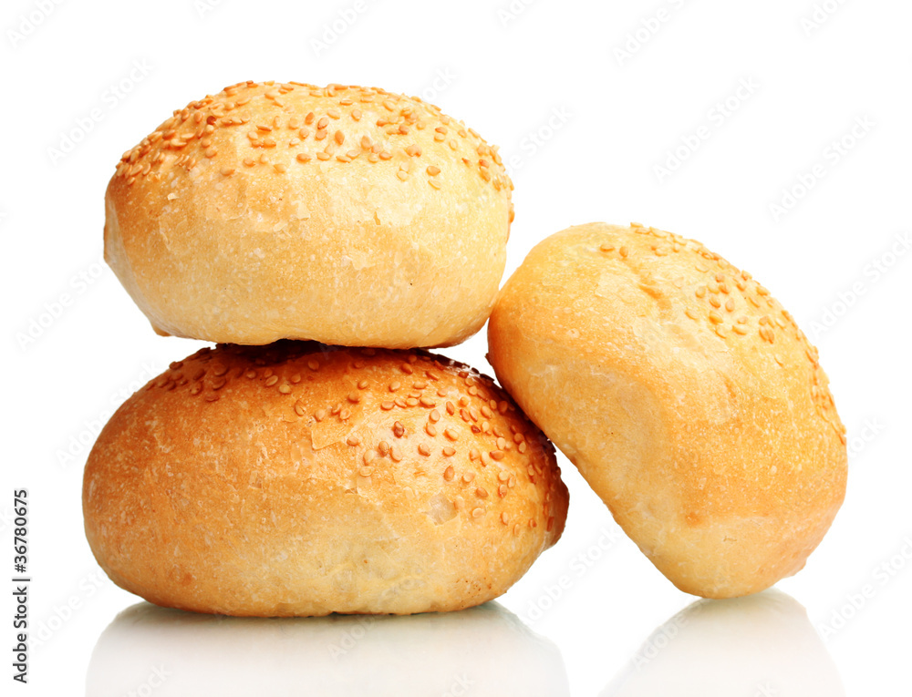 delicious buns with sesame seeds isolated on white