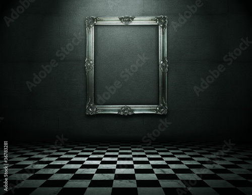 Obraz na plátně Silver picture frame in runge empty interior with clipping path