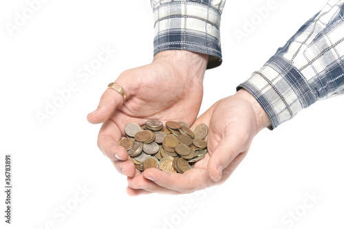 Men's hands hold the coins on a white background