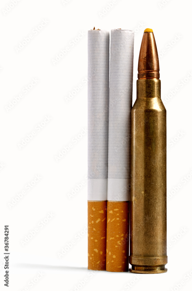real violence. Two cigarettes close to bullet with drop shadow real violence. Two cigarettes close to bullet with drop shadow