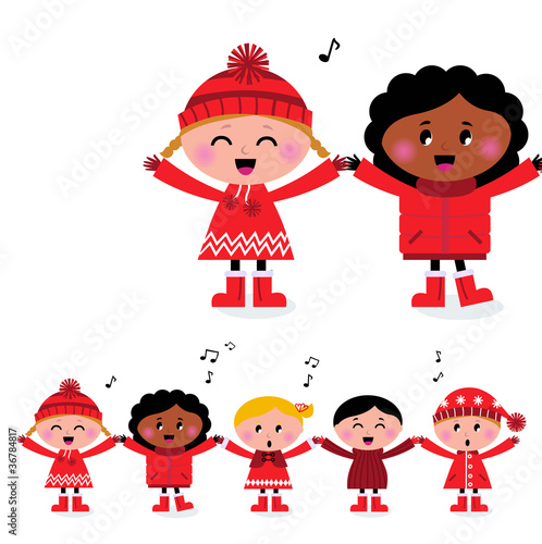 Happy smiling caroling multicultural kids singing song