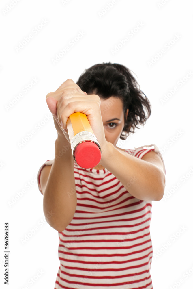 Young woman with big pencil eraser rubber isolated on white Young woman with big pencil eraser rubber isolated on white