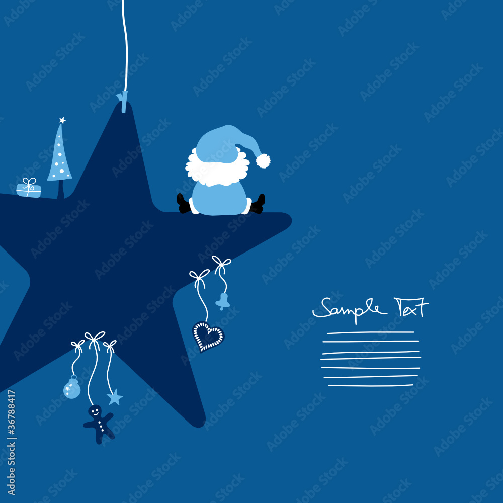 Santa Sitting On Dark Blue Star & Symbols