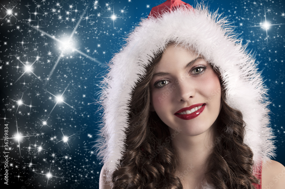 curly brunette with santa hood curly brunette with santa hood