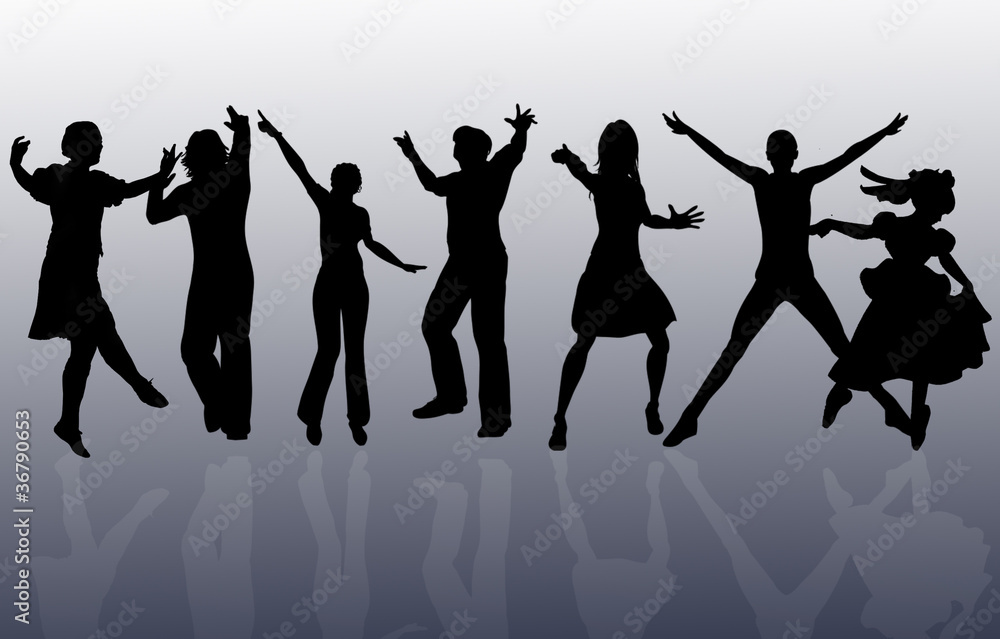 Dancer silhouettes and their reflections in the night club Dancer silhouettes and their reflections in the night club