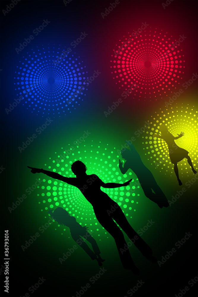 Dancer silhouettes and their reflections in the night club