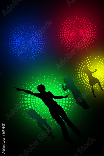Dancer silhouettes and their reflections in the night club