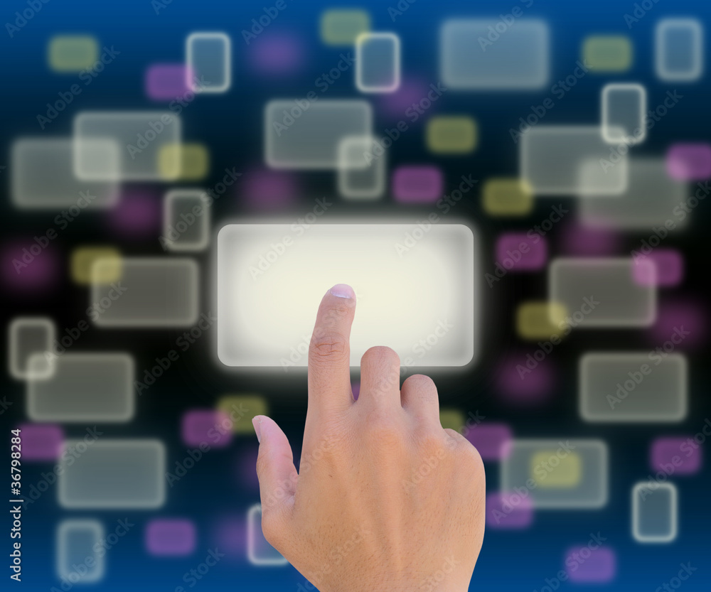 hand pushing a button on a touch screen interface hand pushing a button on a touch screen interface