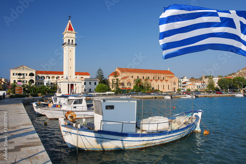 Boats in harbor with Greek flag, Zakynthos Island