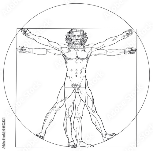 Vitruvian Man, Leonardo da Vinci. The Vitruvian Man, based on the records of Leonardo da Vinci and the architect Vitruvius. Illustration on white background. Vector.