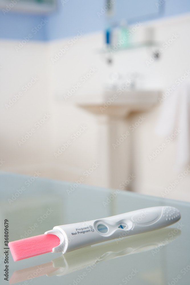 Pregnancy testing kit in bathroom