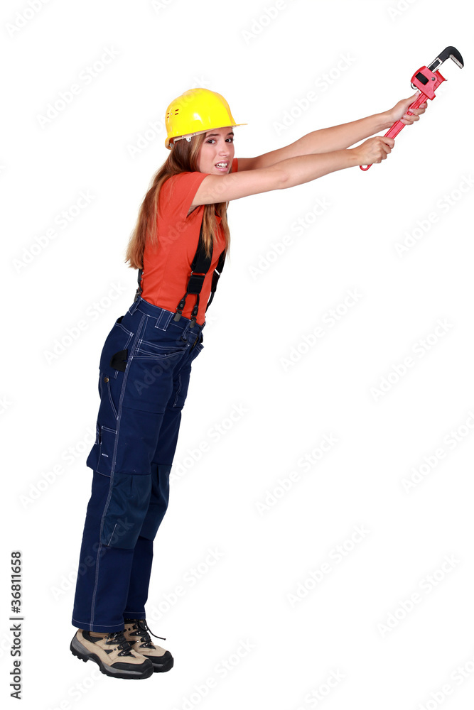 Tradeswoman hanging on for dear life Tradeswoman hanging on for dear life
