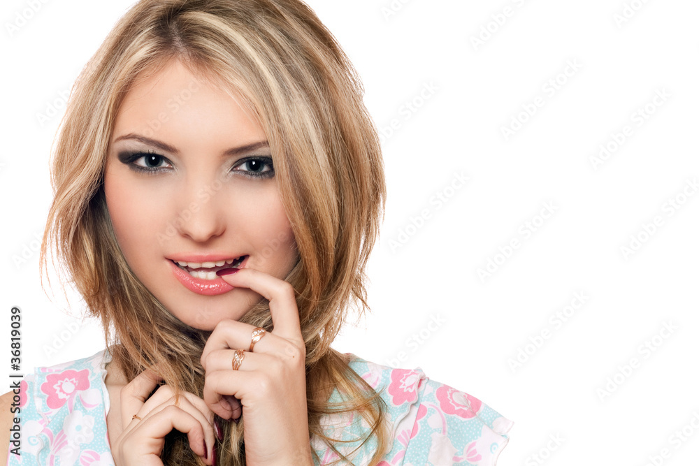 Closeup portrait of playful young blonde. Isolated Closeup portrait of playful young blonde. Isolated