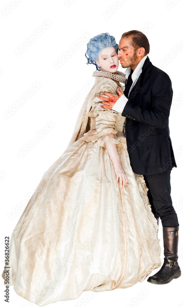 Male vampire embracing medieval woman