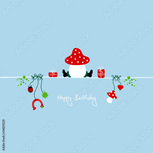 Sitting Fly Agaric & Symbols "Happy Birthday" Blue