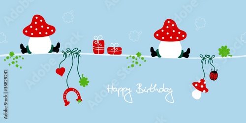 2 Sitting Fly Agarics & Symbols "Happy Birthday" Blue