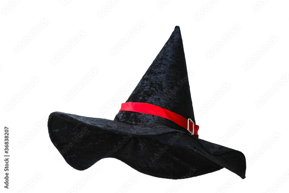 Fototapeta premium Black witch hat with red strip