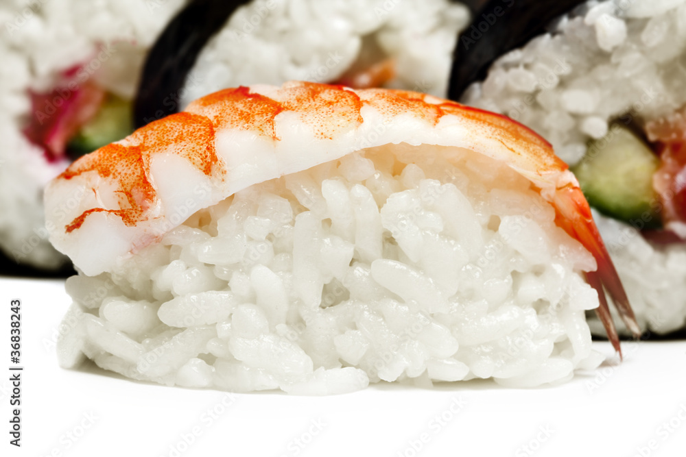 Shrimp sushi closeup on white background Shrimp sushi closeup on white background