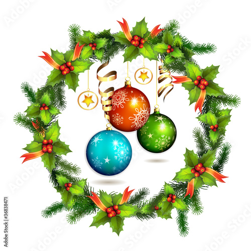 Christmas ball with pine tree branch