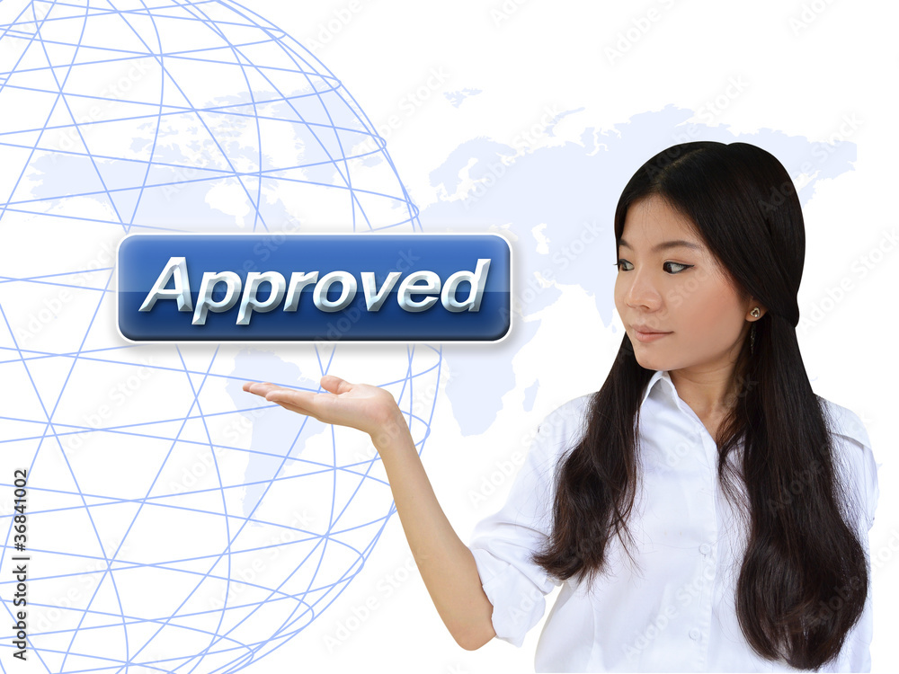 Business woman with approved button Business woman with approved button