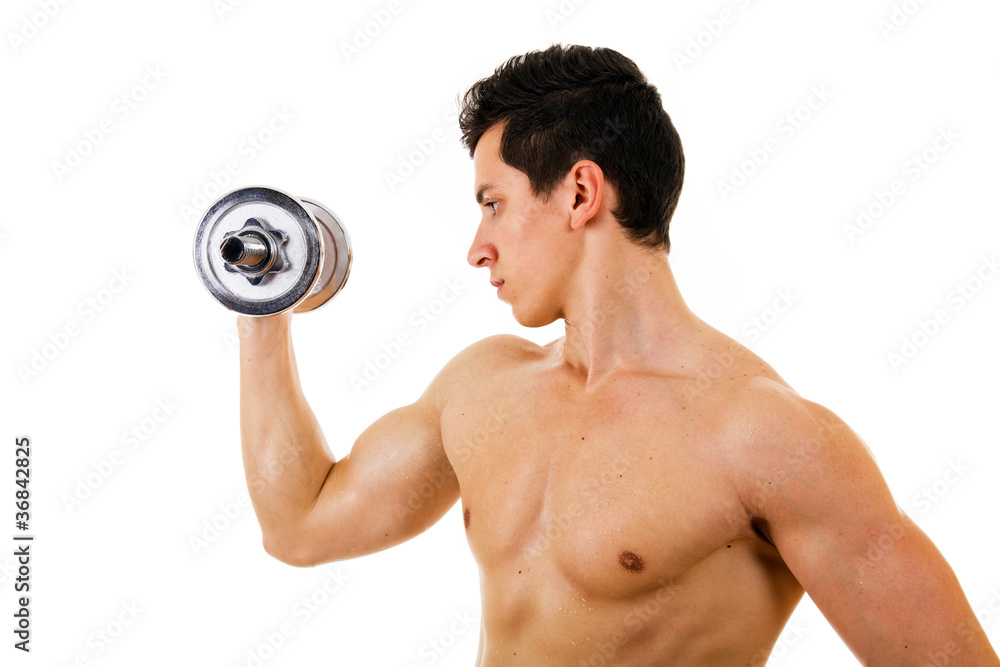 Profile view of a muscular young man lifting weights, isolated o Profile view of a muscular young man lifting weights, isolated o