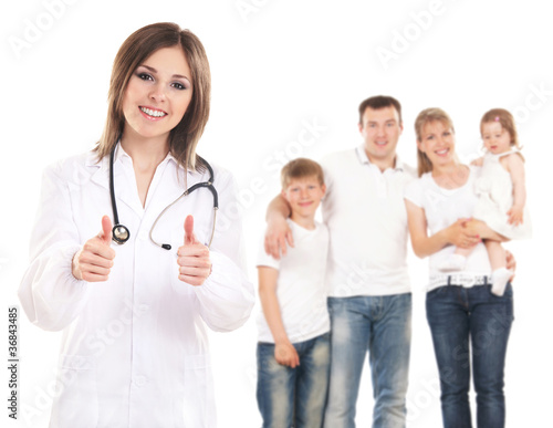 Young attractive female doctor and family  isolated on white