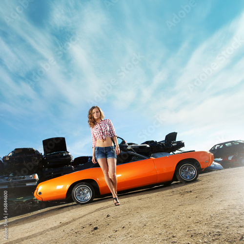 Texas style image with a sexy girl and classic american car
