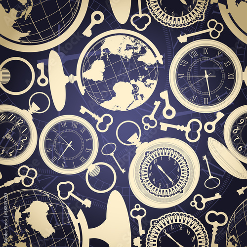 Seamless retro background with globes, keys and watches © 0mela
