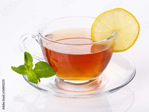 Cup of tea with lemon and mint