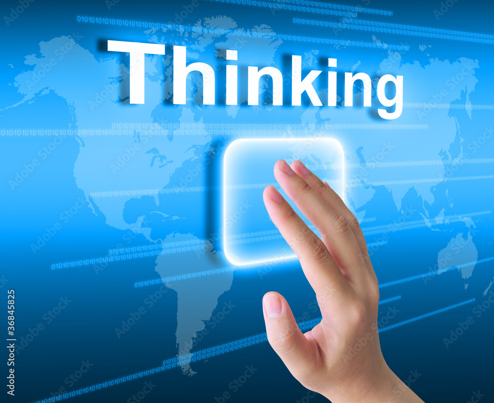 hand pressing thinking button on a touch screen interface hand pressing thinking button on a touch screen interface