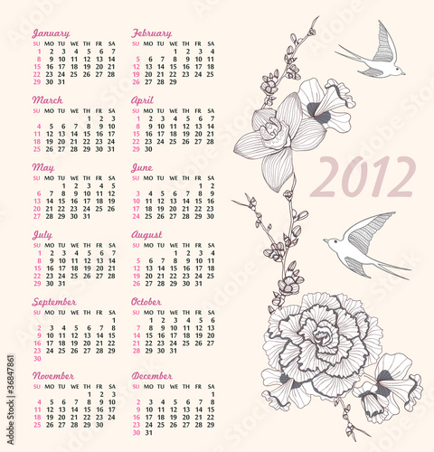 2012 calendar with floral pattern. Background with flowers and b