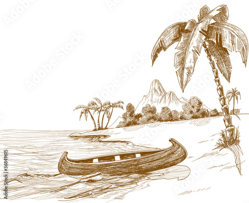 Beach sketch with boat on shore and volcano in background
