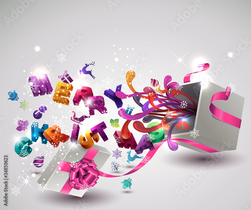 Open  gift box with flying "Merry Christmas" letters.