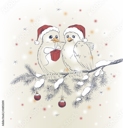 Two cute birds with Christmas hats