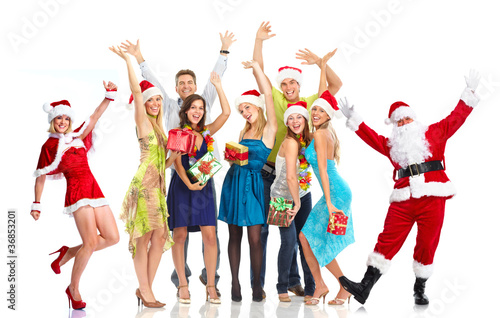 Happy Santa Claus and group of people. Christmas party.