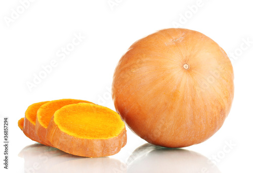 sliced and whole pumpkin isolated on white