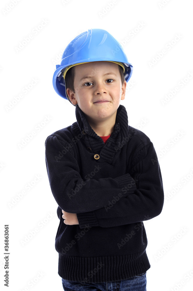 little boy, arms crossed, with protection helmet little boy, arms crossed, with protection helmet