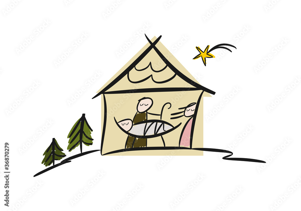 Bunte CartoonZeichnung Weihnachtskrippe und heilige Familie Stock