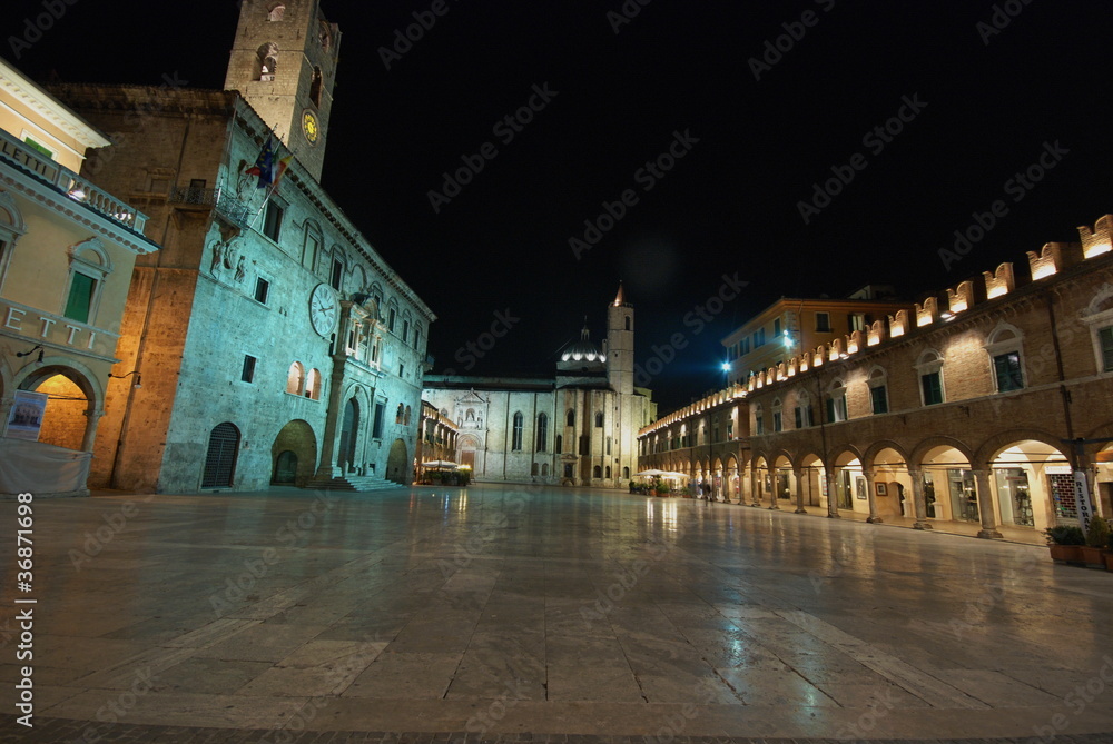 night view on the main square of Ascoli Piceno, Italy