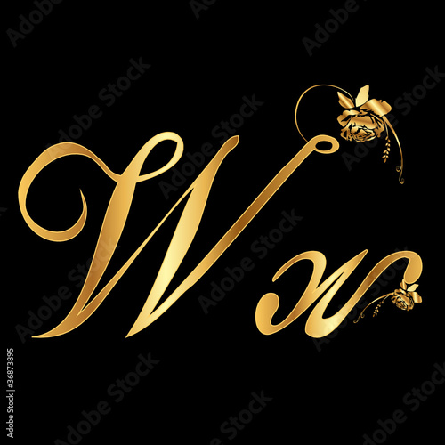 Golden vector letter W with roses (collection) photo